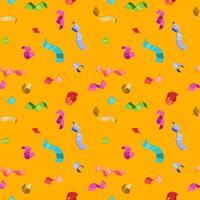 Vibrant confetti bursts across a sunny yellow backdrop in this cheerful seamless pattern. Perfect for celebratory designs, invitations, or festive backgrounds, this image evokes joy and fun. vector