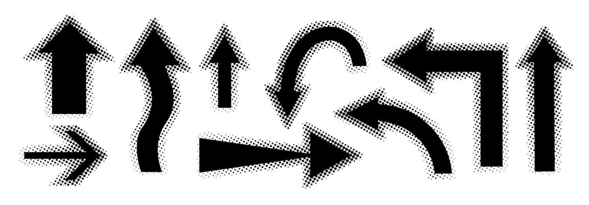 Collection of halftone patterned arrows pointing in various directions