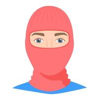 Man wearing balaclava helmet. Worm headgear for cold weather. Facial mask for the whole head to wear under helmet in flat style. vector