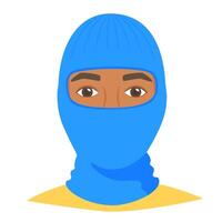 Black man wearing balaclava helmet. Trendy worm headgear for cold weather. Facial mask for the whole head to wear under helmet vector