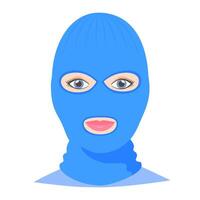 Woman wearing balaclava helmet. Worm headgear for cold weather. Facial mask for the whole head to wear under helmet vector