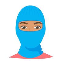 Black woman wearing balaclava. Trendy worm headgear for cold weather. Facial mask for the whole head to wear under helmet in flat style. vector