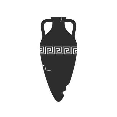 Broken amphorae silhouette. Cracked ancient greek vase with meander pattern. Antique ceramic jar or vessel. Old clay pottery.