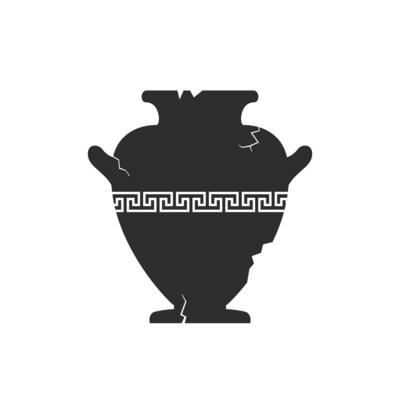 Broken amphorae silhouette. Cracked ancient greek vase with meander pattern. Antique ceramic jar or vessel.