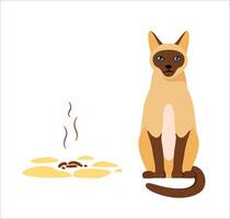 Siamese cat sitting near its poop. Badly behaved pet going to toilet on floor. Pet toilet hygiene concept. Bad smell. Flat style vector