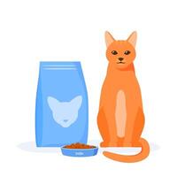 Cat food in bowl. Cat kibble in package or beg vector