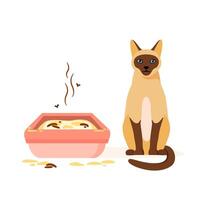Cat and dirty litter box. Wrong way to maintain cat toilet. Pet toilet hygiene illustration vector