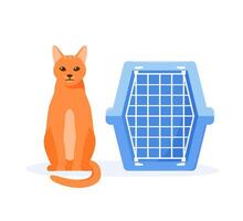 Cat and pet carrier. Manual plastic carrying case for traveling with pets or visiting veterinarian. Cat transport box. Flat style vector