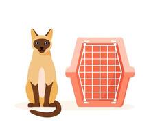 Cat and pet carrier. Manual plastic carrying case for traveling with pets or visiting veterinarian. Cat transport box vector