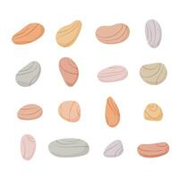 Pebble stones collection. Different beach pebbles shape set. Various forms of smooth rocks. Sea or river pebbles. . vector