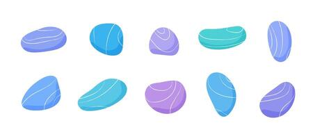 Pebble stones collection. Different beach pebbles shape set. Various forms of smooth rocks. Sea or river pebbles vector