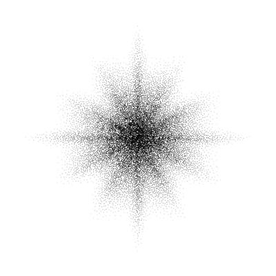 Dotted grain star. Black stipple shape. Abstract noise texture flower. Halftone flare form.