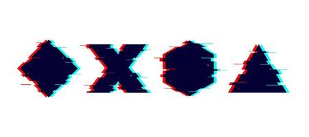 Glitch distorted geometric shapes set. Cross, square, triangle, hexagon, rhomb with TV or vhs noise. Futuristic destroyed design elements collection. Pixilated text boxes. vector