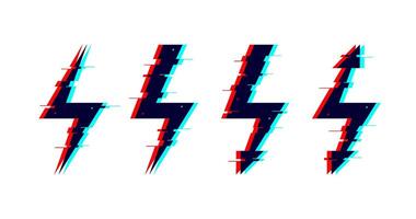 Glitch distorted lightnings set. Thunderbolts with TV or vhs noise. Futuristic destroyed flash design elements collection. Pixilated lightning strike signs. vector