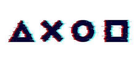 Glitch distorted geometric shapes set. Cross, square, triangle, circle with TV or vhs noise. Futuristic destroyed design elements collection. Pixelated text boxes vector
