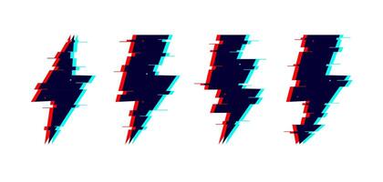 Glitch distorted lightnings set. Thunderbolts with TV or vhs noise. Futuristic destroyed flash design elements collection. Pixelated lightning strike signs vector