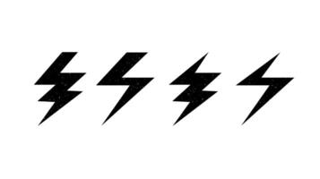 Textured lightning bolt set. Black grunge flash thunderbolt symbols collection. Strike arrow signs. vector