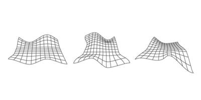 Distorted perspective grid set. Glitch rectangle plane collection. Wavy futuristic elements. Ripple wireframes. abstract vector