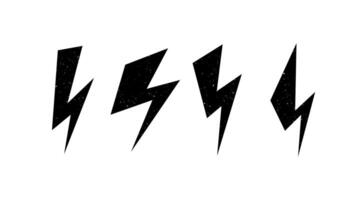 Textured lightning bolt set. Black grunge flash thunderbolt symbol collection. Strike arrow signs. vector