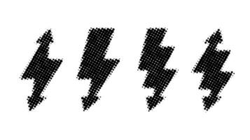 Halftone lightning bolt set. Black grunge thunderbolt collection. Textured flash symbols. Comic style lightning strike signs vector