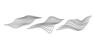 Distorted perspective grid set. Glitch rectangle plane collection. Wavy futuristic elements. Ripple wireframes vector