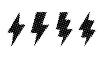 Halftone lightning bolt set. Black grunge thunderbolt collection. Textured flash symbols. Comic lightning strike signs vector