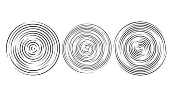 Concentric ripple circles set. Sonar or sound wave rings collection. Epicentre, target, radar icon concept. Radial signal and vibration elements. vector