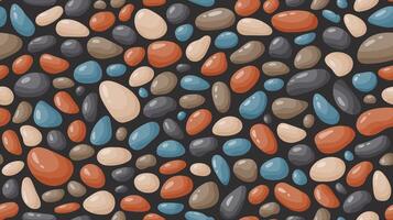 Pebble seamless pattern. Smooth stones background. Cartoon cobblestone paving texture. Sea or river pebbles and rocks repeated wallpaper vector