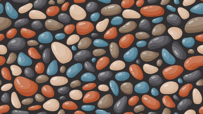 Pebble seamless pattern. Smooth stones background. Cartoon cobblestone paving texture. Sea or river pebbles and rocks repeated wallpaper