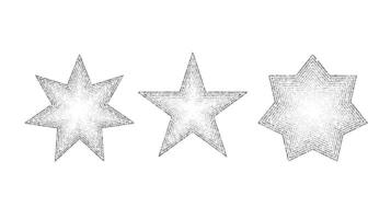 Dotted grain stars set. Black stippled shapes collection. Various noise textured asterisks. Different halftone dot work stellar forms vector