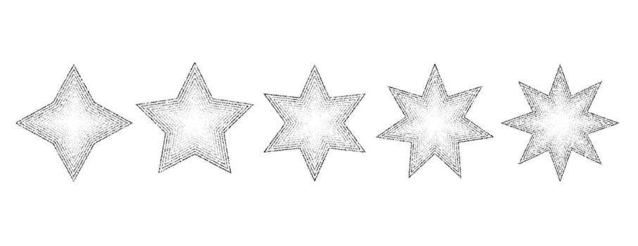 Dotted grain stars set. Black stipple shapes collection. Various noise textured asterisks. Different halftone dot work stellar forms. stochastic vector