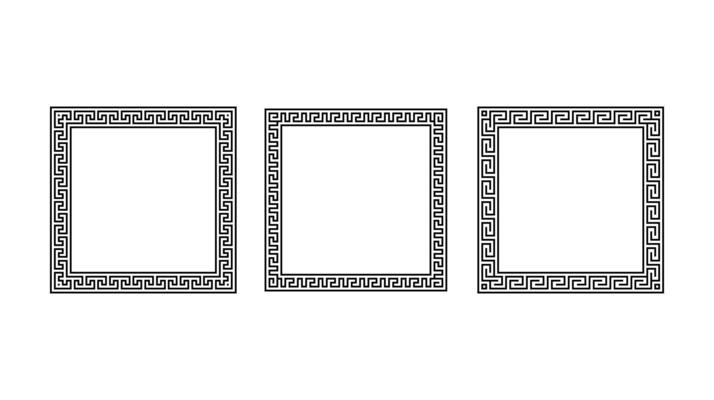 Greek ornament square frames set. Meander rectangle pattern collection. Ancient Greek fret borders. Geometric meandros motif.