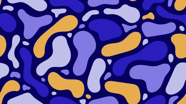 Liquid forms seamless background. Fluid elements repeating wallpaper. Organic blobs backdrop in yellow, purple and blue. Modern texture vector