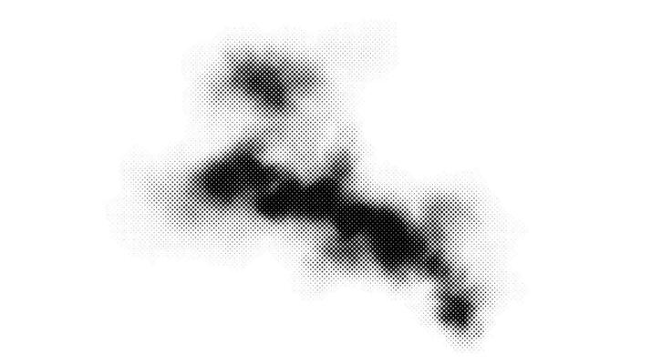Halftone smoke texture. Black and white dotted fog background. Comic style design element for banners, collages, posters. Monochrome grunge abstract wallpaper.