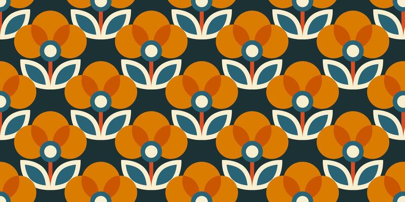 Seamless retro floral pattern. Vintage stylized flowers background in 60s, 70s, 80s style. Nostalgic regular repeating wallpaper. Fabric and textile swatch design. texture illustration