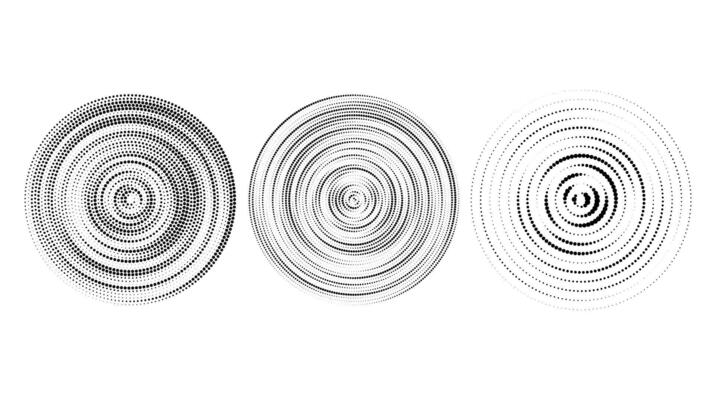 Halftone concentric circles set. Dotted rings collection. Epicentre, target, radar icon concept. Sound wave, radial signal, vibration or water elements.
