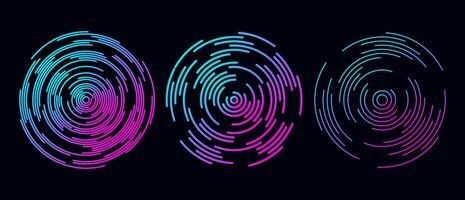 Concentric circle segments set in dark theme. Rippled round patten collection. Blue purple sound wave rings. Epicentre, target, radar icon concept. Radial signal or vibration elements. vector