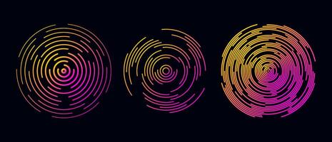 Concentric circle segments set in dark theme. Rippled round patten collection. Yellow pink sound wave rings. Epicenter, target, radar icon concept. Radial signal or vibration elements. vector