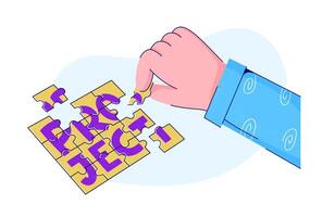 Person putting together jigsaw puzzle elements. Project planning, time management concept. Build and complete project by small pieces. Effective Job process. vector