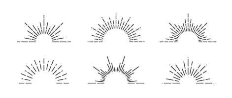 Half sunburst frame set. Linear sunrise and sunset symbols collection. Radial sunshine light rays pack. Retro sunbeam shapes. Design elements for logo, label, badge, poster. vector