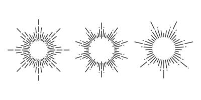 Retro sunburst frames set. Vintage sunlight rays collection. Stylized sunshine, radial rays, sunbeams, firework, explosion symbols pack. line solar design vector