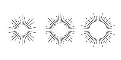 Retro sunburst frames set. Vintage sun light rays collection. Stylized sunshine, radial rays, sunbeams, firework, sparks, sparkles, explosion symbols pack. line elements vector