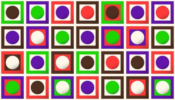 Brutal square and circles seamless pattern. Abstract brutalist background in Swiss or bauhaus style. Bold and bright geometric wallpaper with texture. vector