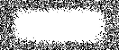 Pixelated halftone gradient frame. Fading radial pixel texture. Dissolving black and white noise grain wallpaper. Grunge background. vector