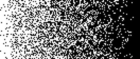 Pixelated halftone gradient noise. Fading pixel texture. Dissolving black and white wallpaper. Horizontal background vector