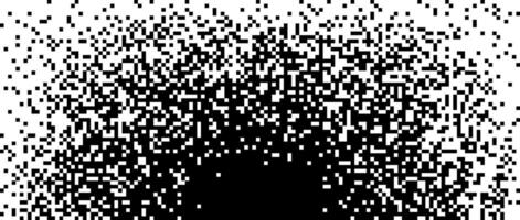 Pixelated halftone gradient background. Fading radial pixel texture. Dissolving black and white wallpaper. vector