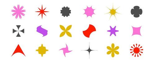 Abstract stars, flowers, waves, sunburst shapes collection. Primitive geometric forms in Swiss, bauhaus or Memphis style. Brutalist elements pack for poster, banner, collage. Signs bundle. vector