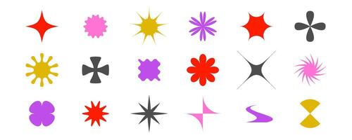 Primitive geometric forms collection. Abstract stars, flowers, crosses, sunburst shapes in Swiss, bauhaus or Memphis style. Brutalist elements pack for poster, banner, collage. Signs bundle. vector