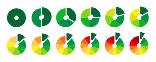 Multicolored donut sections collection. Wheel charts diagrams with cut. Infographic round elements set. Pack of 1 to 12 slices and sectors. Process phases and stages of cycle. vector