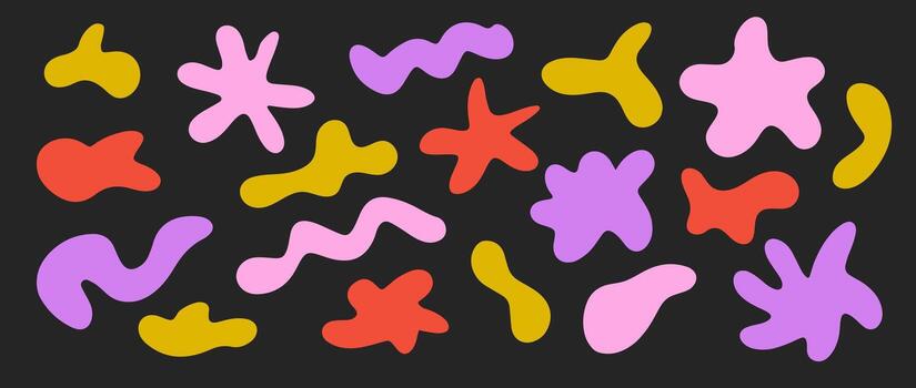 Abstract irregular shapes set. Bright liquid organic blobs on dark background. Random amorphous blots, clouds, bubbles and waves element collection for banners, posters, collages. vector